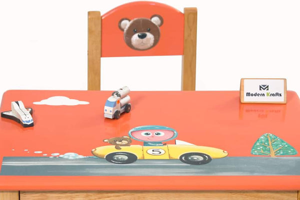 Modern Kraftz 'Jack and The Bear' Themed Wooden Kids Study Table and Chair Set for Home